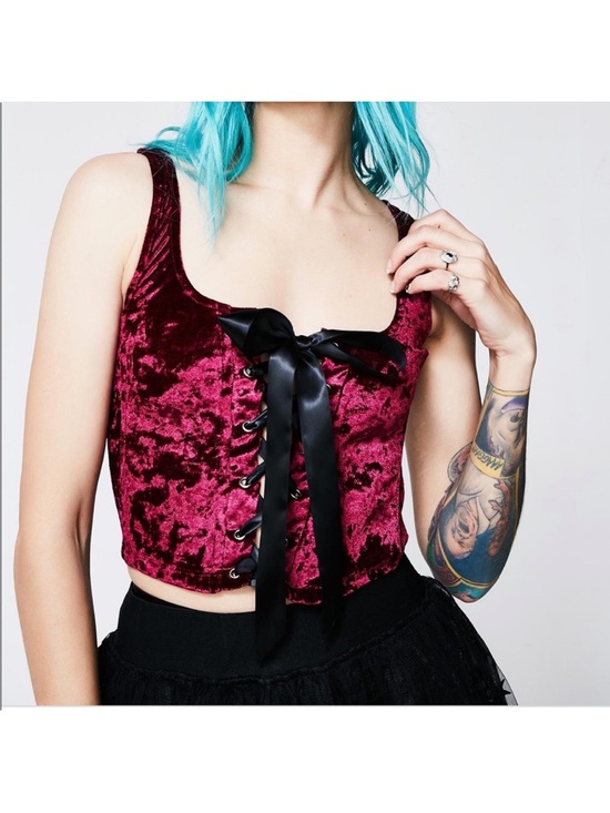 Tops - Dolls Kill wine Velvet Lace-Up bustier